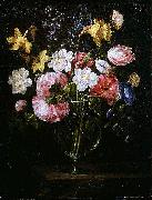 Juan de Arellano Clematis, a Tulip and other flowers in a Glass Vase on a wooden Ledge with a Butterfly Sweden oil painting artist